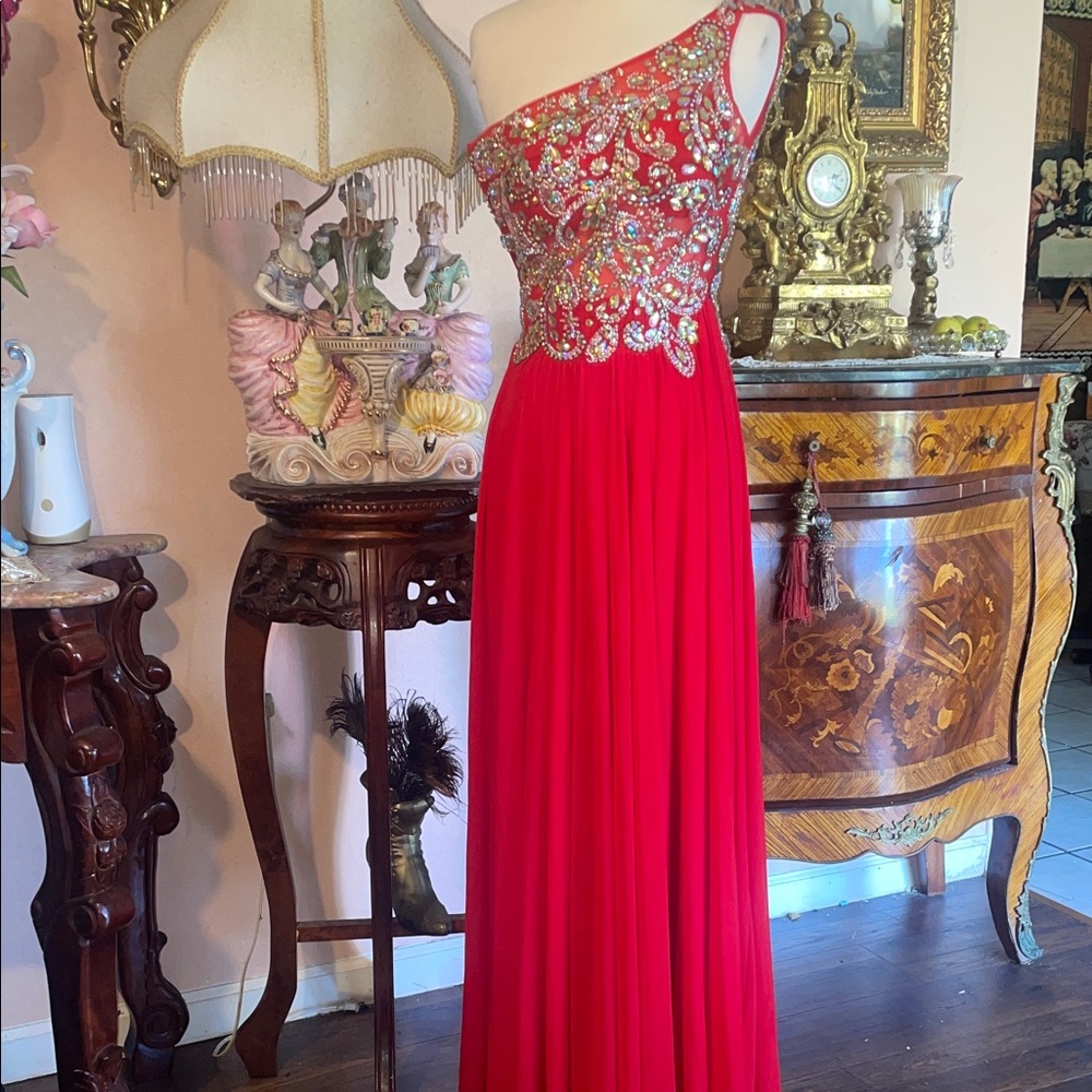 Tiffany Designs Red Embellished One-Shoulder Gown